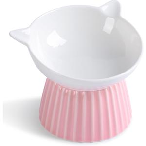 Ceramic Raised Cat BowlTilted Raised Bowl Anti Vomit for Indoor Cats Whisker Friendly Pet Feeder for Cats Puppies, Microwave and Dishwasher Safe (Blue) (Pink)