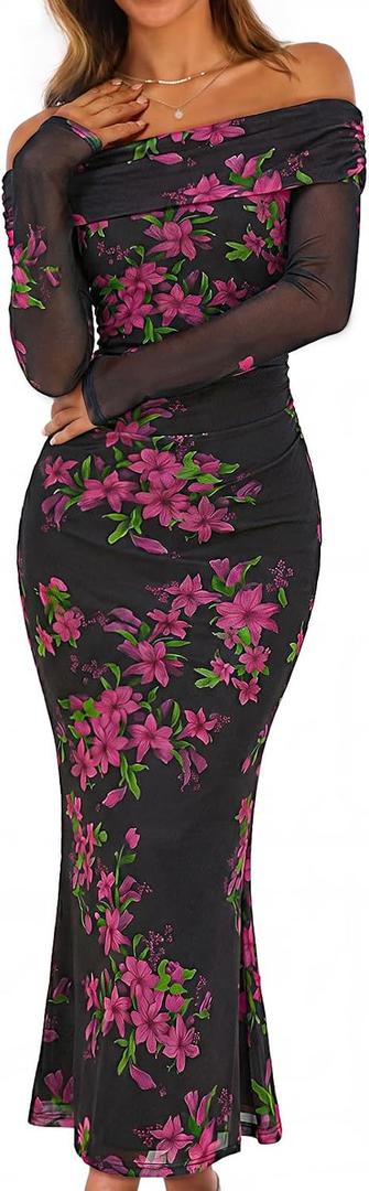 MEROKEETY Women's Fall Off Shoulder Floral Maxi Dresses 2026 Long Sleeve Formal Bodycon Cocktail Wedding Guest Dress L