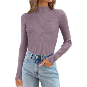 ATHMILE Women's 2026 Fall Long Sleeve Pullover Ribbed Knit Sweater Low Mock Neck Slim Fit Basic Casual Tee Tops (S)