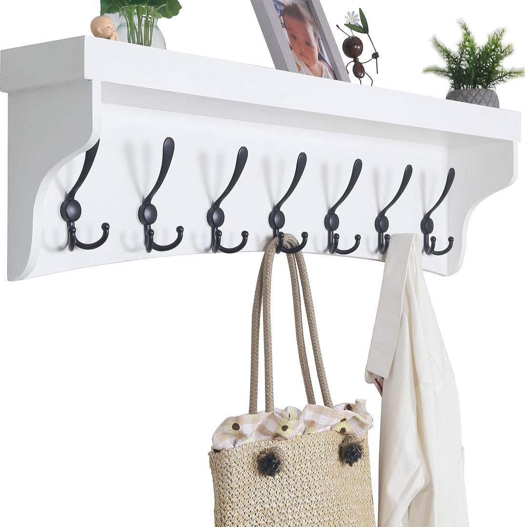 WEBI Coat Rack Wall Mount with Shelf,35" Long White Wall Shelf with Hooks Underneath,Entryway Coat Rack with 7 Triple Hooks for Hanging Coats,Bathroom,Mudroom,Hallway