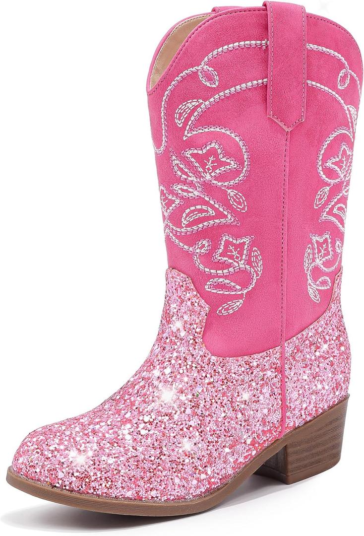 Cowgirl Boots for Girls Mid Calf Youth Girl Cowboy Western Boots Pointed Toe Embroidered for Horse Riding Country Party Toddler Little Big Kids (Pink Sequins)