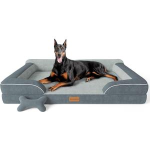 CWAWZ XXL Dog Bed for Extra Large Dogs, Giant Orthopedic Dog Beds with Cooling Gel Memory Foam, Waterproof Pet Bed with Removable Washable Cover, 53" Pet Sofa Bed Velvet with Bone Toy, Dark Gray