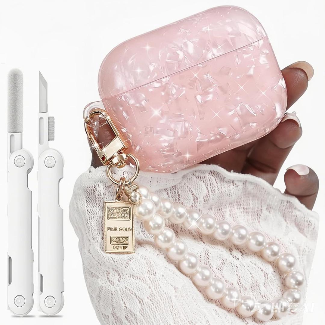 for Airpods Pro 3 Case 2025,Cute Funny Glitter Shell Pattern Soft TPU Cover Compatible with Airpods Pro 3rd Generation Case with Luxury Pearl Keychain and Cleaning Kit for Women Girl-Pink