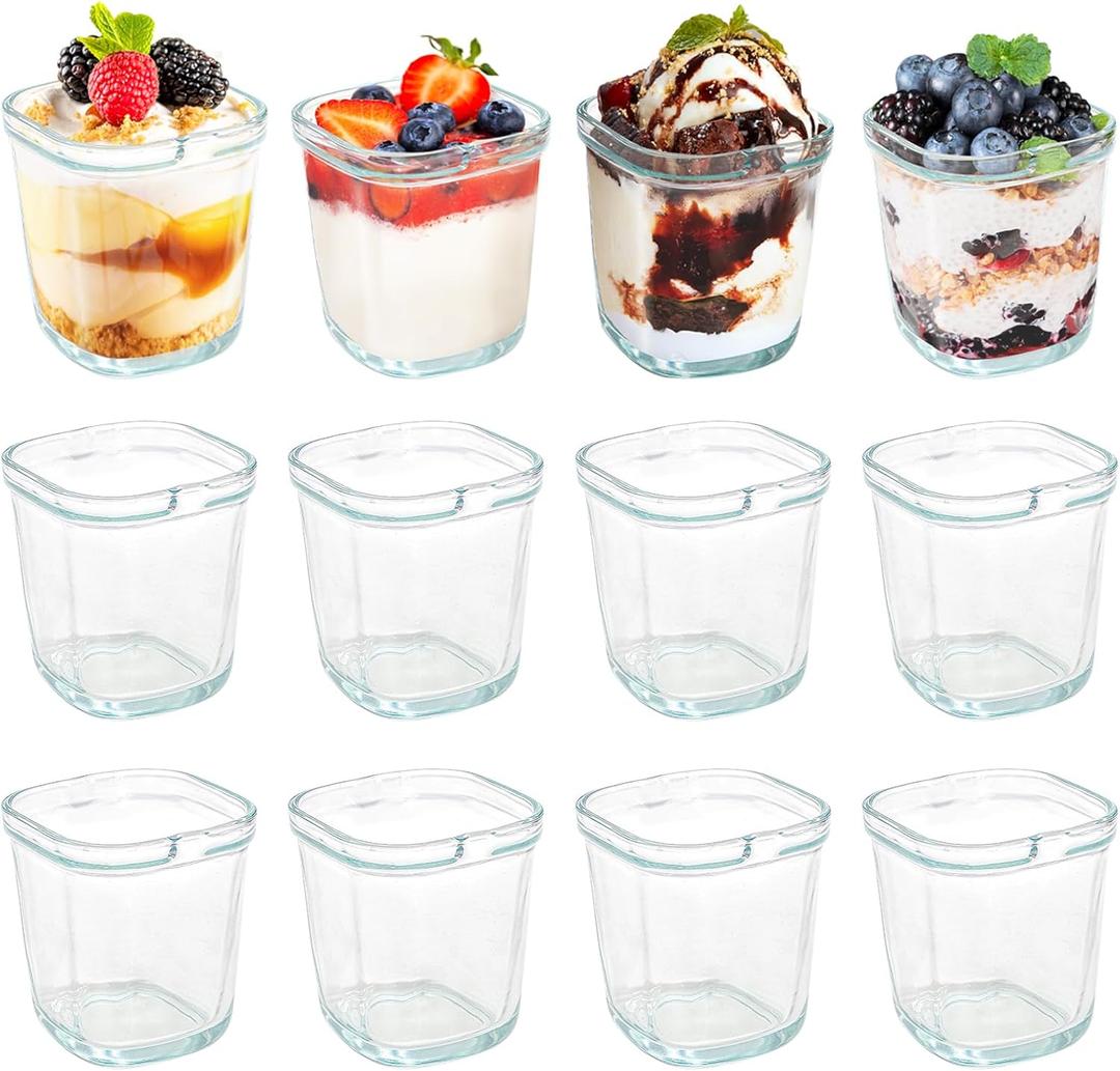 yarlung 12 Pack 5 Oz Glass Pudding Cups, Small Dessert Bowls Clear Custard Cups, Square Parfait Cups Tasting Glasses for Fruit Yogurt, Jelly, Ice Cream, Oat, Nut, Snack