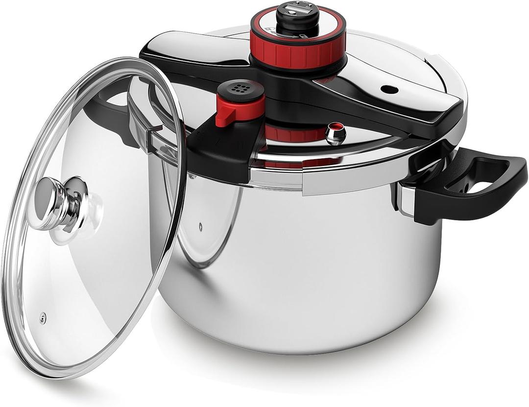 BreeRainz 304 Stainless Steel Pressure Cooker 8.45QT, 3-Stage PSI Settings, One-Hand Locking,Explosion-Proof Pot w/Extra Glass Lid, Timer, Steaming Rack(Induction Compatible Olla de Presion)