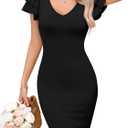 Missufe Women's V Neck Ruffle Short Sleeve Bodycon Summer Casual T Shirt Dress (Black, XL)