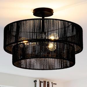 Black Boho Light Fixtures Ceiling Mount 18'' Coastal Hemp Rope Semi Flush Mount Ceiling Light Fixture 3-Light Rattan Light Fixtures with 2-Tier Drum Shade for Dining Room Kitchen Entry