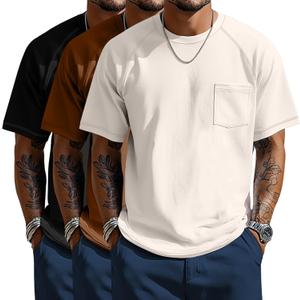 Neer 3 Pack Big and Tall Shirts for Men with Pocket Plus Size Crew Neck Raglan Short Sleeve Summer Casual T Shirts Tee (Cream White, Brown, Black,5X-Large)