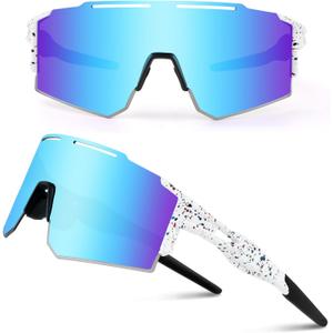 Ukoly Cycling Sunglasses for Men Women with 3 Interchangeable Lenses, Polarized Sports Sunglasses, Baseball Sunglasses (1 Lens/White Blue)