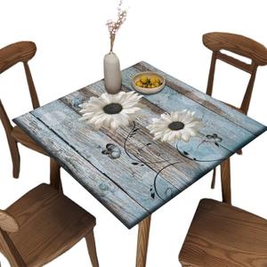 Elastic Edge Fitted Square Tablecloth, Teal and White Daisy Flower Polyester Table Cloth , for Indoor Restaurant or Outdoor Patio Party Dining, Fit for 36" x 36" Square Table