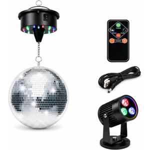 12" Disco Ball with Motor and Light 6-12RPM Rotator and RGB Spotlight for Party DJ Bands Dance Club Bar Wedding Event Studio Holiday Decor
