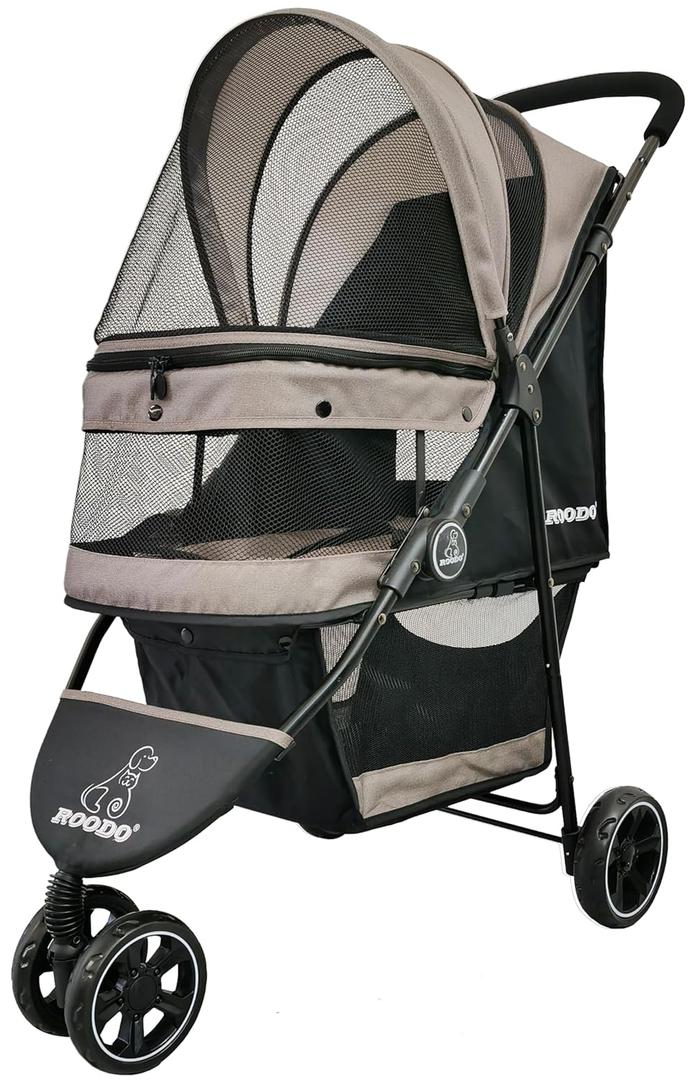 ROODO Escort 3 Wheel Dog Cat Pet Stroller for Small/Medium Dogs Cats Best Lightweight Foldable Portable Compact Jogger All Terrain Travel Pet Gear System Puppy Doggie Bunny Kitty Stroller(Grey) (33x37 Inch (Pack of 1))