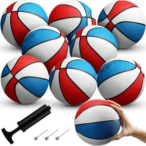 Outus 8 Pack 7 Inch Mini Rubber Basketballs Set Small Basketball with Air Pump Mini Hoop Junior Size 3 Basketballs for Beginner Arcade Games Indoor Outdoor Pool Party Favors(Red White and Blue)
