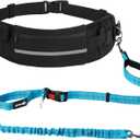 Pecute Hands Free Dog Leash with Pouch, Waist Belt Fanny Pack with Soft Padds, Dual Padded Handles and Durable Bungee for Walking, Hiking, Jogging Biking, and Running (Black + Blue 2.0)