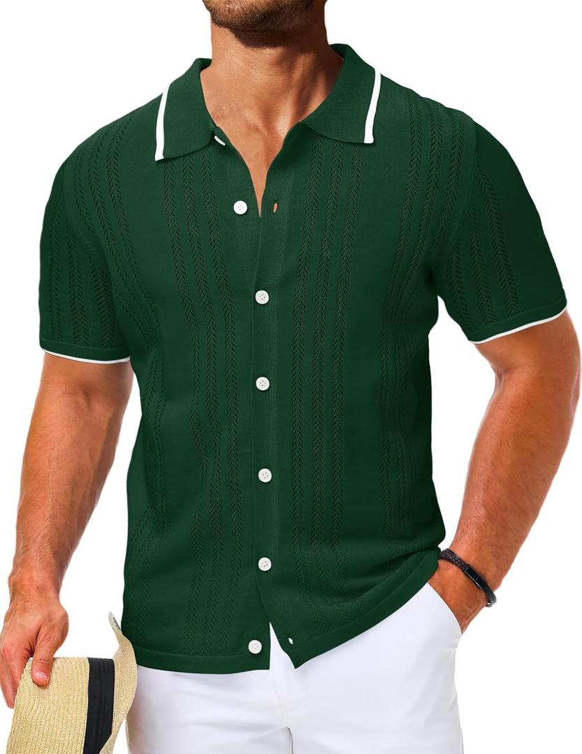 LETSEE Mens Short Sleeve Button Down Shirts Knit Polo Shirt Summer Beach Tops Resort Wear 2025 (Large, Dark Green)