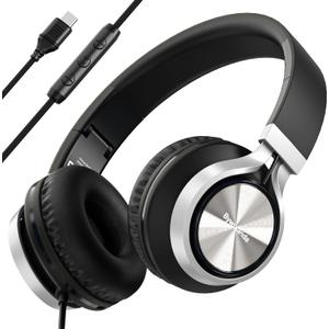 USB C Headphones with Mic and Volume Control, Over Ear Stereo Headsets for iPhone 15 16 Pro, Wired Foldable Headphones for Smartphones Chromebook Laptop Tablets Travel(Black/Gray)