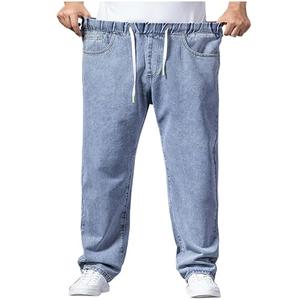 Djeanxa Men's Elastic Waist Jeans Plus Size Drawstring Pull On Jeans Casual Straight Leg Jeans Boys Denim Jogger Pants S-4XL, Light Blue