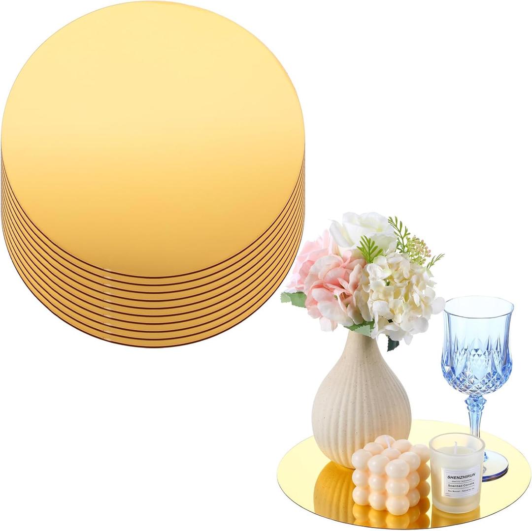 10 Pcs 9.8 Inch Acrylic Round Mirrors for Tables Centerpieces Circle Mirrors Candle Plates for Wall Wedding Table Centerpieces (Gold)