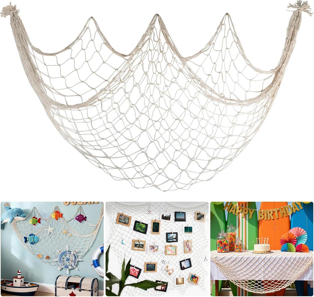 80x40 Inch Fishing Net Decor, 3mm Beige Natural Cotton Large Decorative Fish Netting Table Runner, Wall Ceiling Halloween Party Decorations for Pirate Under The Sea Nautical Mermaid Themed Party