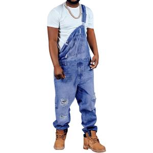 Runcati Men's Denim Bib Overall Ripped Distressed Jean Fashion Casual Adjustable Strap Loose Fit Hippie Jumpsuit (Large, Blue)