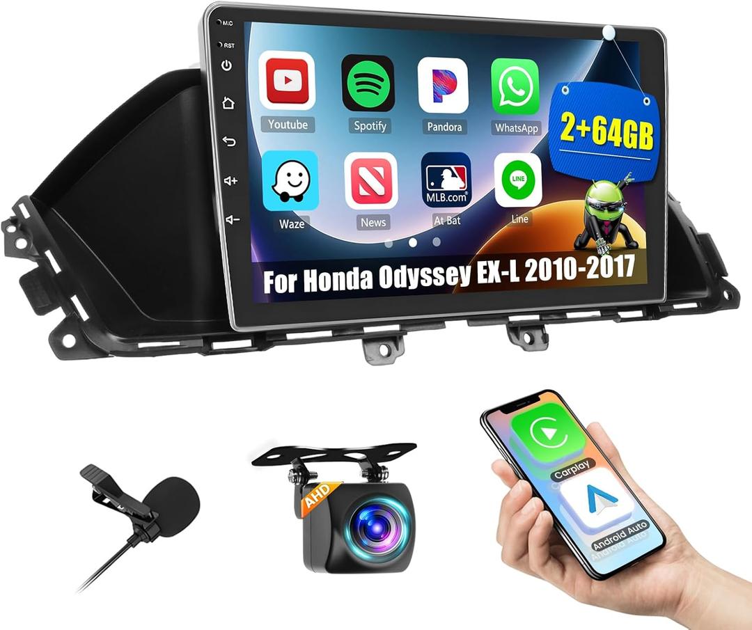 Hikity Android Stereo for Honda Odyssey EX-L 2010-2017 with Wireless Carplay Android Auto,9 Inch HD Touch Screen GPS Radio with Bluetooth WiFi Backup Camera (2G+64G)