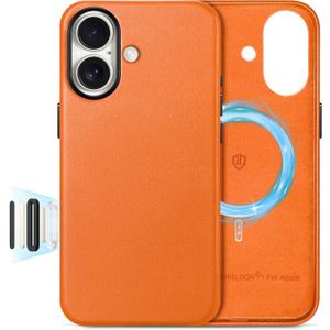 SHIELDON Genuine Leather Case for iPhone 17 6.3 Inch 2025 | Compatible with Magsafe, Updated Camera Button, Magnetic Wireless Charging, Anti-Scratch, Shockproof, Protective Phone Cover - Orange