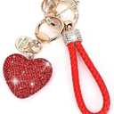 Heart Crystal Car Keychain, Cute Bling Bag Charms with Wristlet Keychain, Pretty Key Ring with Sparkly Rhinestones Heart, Key Fob for Handbag Purse (Red) (1 PC)