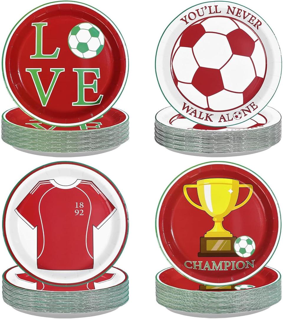 60 Pcs Soccer Paper Plates - 9" Football Fans Dessert Paper Plates Disposable Red Soccer Platters for Boys Girls Adults Football Theme Party Sports Party Supplies
