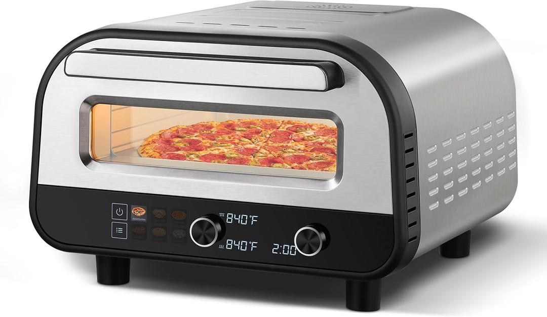 Upgraded indoor Pizza Oven 12 Inch Electric Countertop Pizza Oven with 6 Mode Heats up to 840F Pizza Maker Pizza Cooker for Home Kitchen, Restaurants, Parties - Stainless Steel, 1700W