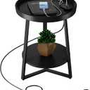 Gadroad Round End Table with Charging Station, USB Ports and Anti-Drop Fence, Wood Tabletop & Black Metal Frame, 2-Tier Side Table for Living Room, Bedroom, Black 15.7 * 15.7 * 23.0 inches