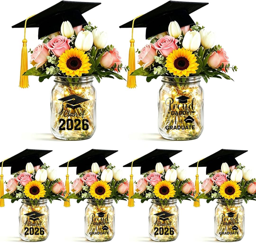 6 Sets Light Up Graduation Centerpieces for Tables,Glass Mason Jar Centerpieces with Grad Caps,Fairy Lights & Stickers,Class of 2026 Table Decorations for Grad Party Supplies
