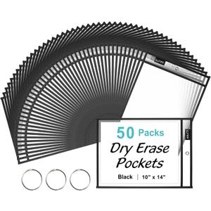 SUNEE 50 Packs Oversized Reusable Dry Erase Pocket Sleeves with 3 Rings, Black 10x14 Ticket Holders, Clear Plastic Sheet Protectors, Teacher School Classroom Supplies