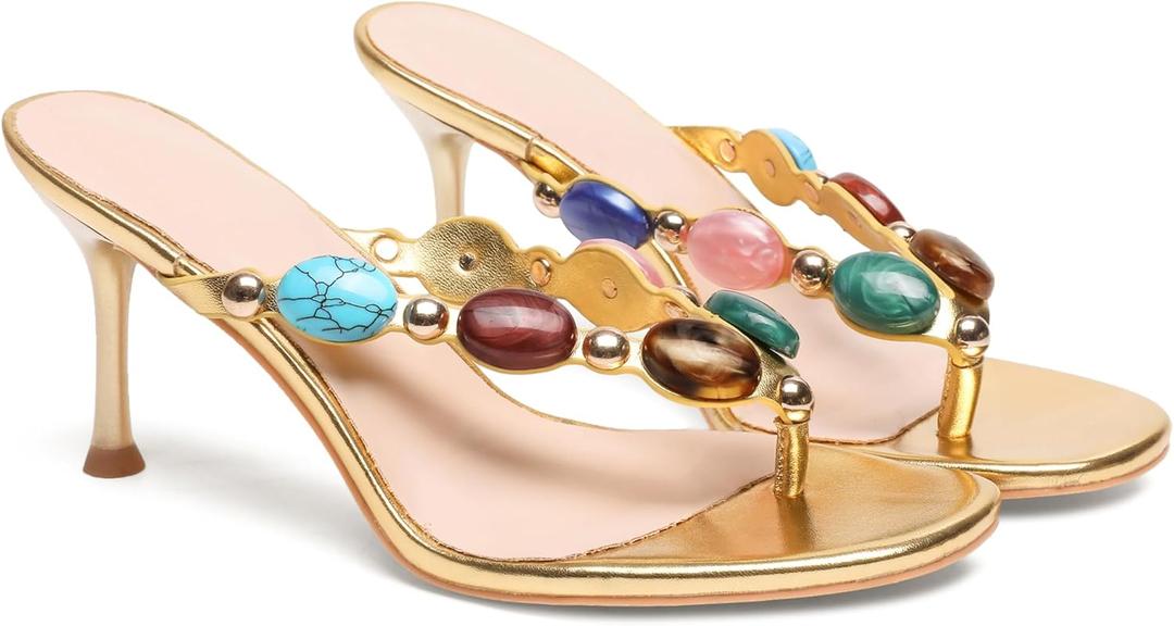 Women's Jeweled Thong Strappy Sandal Summer Mules Kitten Heels Flip Flop Round Open Toe Mid Heels Fashion Wedding Party Dress Thong Casual Shoes (6.5, Gold)