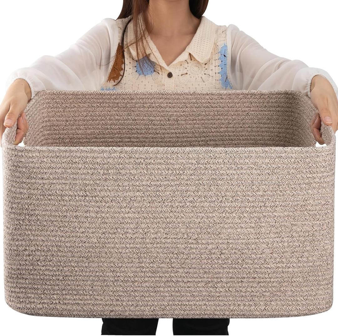 OIAHOMY 75L Large Woven Cotton Rope Storage Basket with Handle for Organizing Blanket and Toys for Living Room, Nursery, Brown Variegated 22x17x12