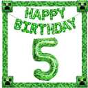 Green Pixel Foil Balloon Set (2pcs)  "Happy Birthday" Letter Banner + 40" Number 5 Balloon  Party Supplies with Matching Rope & Straw, Backdrop Decorations