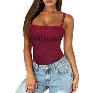 Saslax Women's Sexy Square Neck Lace Sleeveless Bodysuit Tank Tops Double Lined Body Suit Thong Outfits (Red, S)