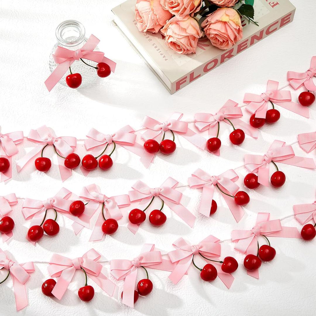Suncalla 24 Pcs Cherry Party Decorations Cherry Pink Bow Garland Decor Shes The Cherries on Top Party DIY Fruit Hanging Ornaments for Wedding Baby Shower Bachelorette (Pink)