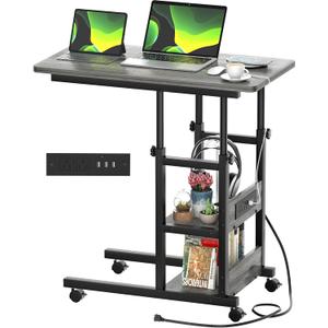 Height Adjustable C Shaped End Table with Charging Station, Mobile Laptop Side Table with USB Port and Wheels, Sofa Couch Table with 2-Tier Storage Shelve for Living Room Bedroom, Grey Oak