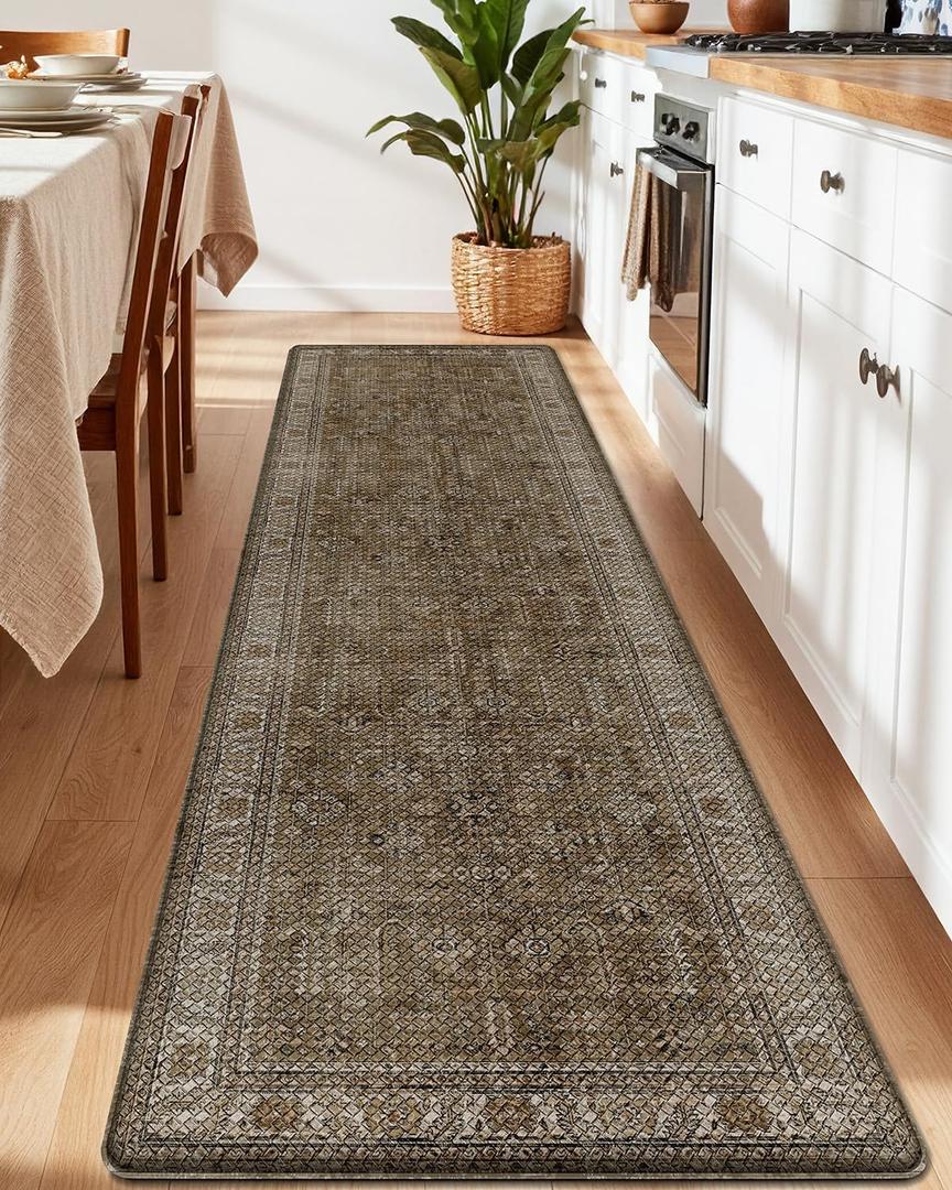 LUMI 2025 Upgraded Anti Fatigue Cushioned Kitchen Mat for Floor, Non-Slip Comfort PVC Padded Mats with Faux Leather Surface for Desk Office, Sink, Laundry, 24"x87" (Tawny Echo)