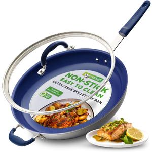 14" Fry Pan With Lid - Extra Large Skillet Nonstick Frying Pan with Silicone Handle, Ceramic Coating, Blue Silicone Handle, Stain-Resistant And Easy To Clean, Professional Home Cookware (Silver exterior/Blue interior)