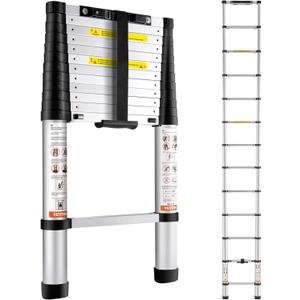 VEVOR Telescoping Ladder, 12.5 FT Aluminum One-button Retraction Collapsible Extension Ladder, 375 LBS Capacity with Non-slip Feet, Portable Multi-purpose Compact Ladder for Home, RV, Loft, ANSI Liste