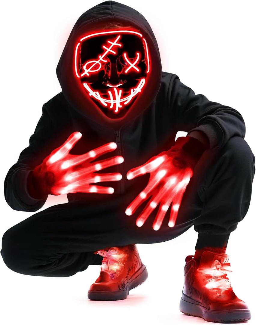 Camlinbo Halloween LED Mask & Glow Set, Adult Light up Mask Glow Gloves and Shoelaces, Halloween Cosplay Party Costume (Red)
