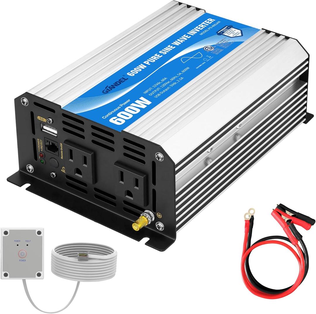 GIANDEL Power Inverter Pure Sine Wave 600Watt 12V DC to 120V AC with Remote Control Dual AC Outlets ETL Listed UL458 Standard for Small Solar System Outdoor Emergency