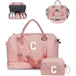 Vogewood Birthday Gifts-for Women-Initial Duffle Bag with Shoe Compartment, Personalized Weekender Bag, Monogram Overnight Bag, Letter Travel Bag with Makeup BagFriend Wife Birthday Gift (Letter C) (Pink)