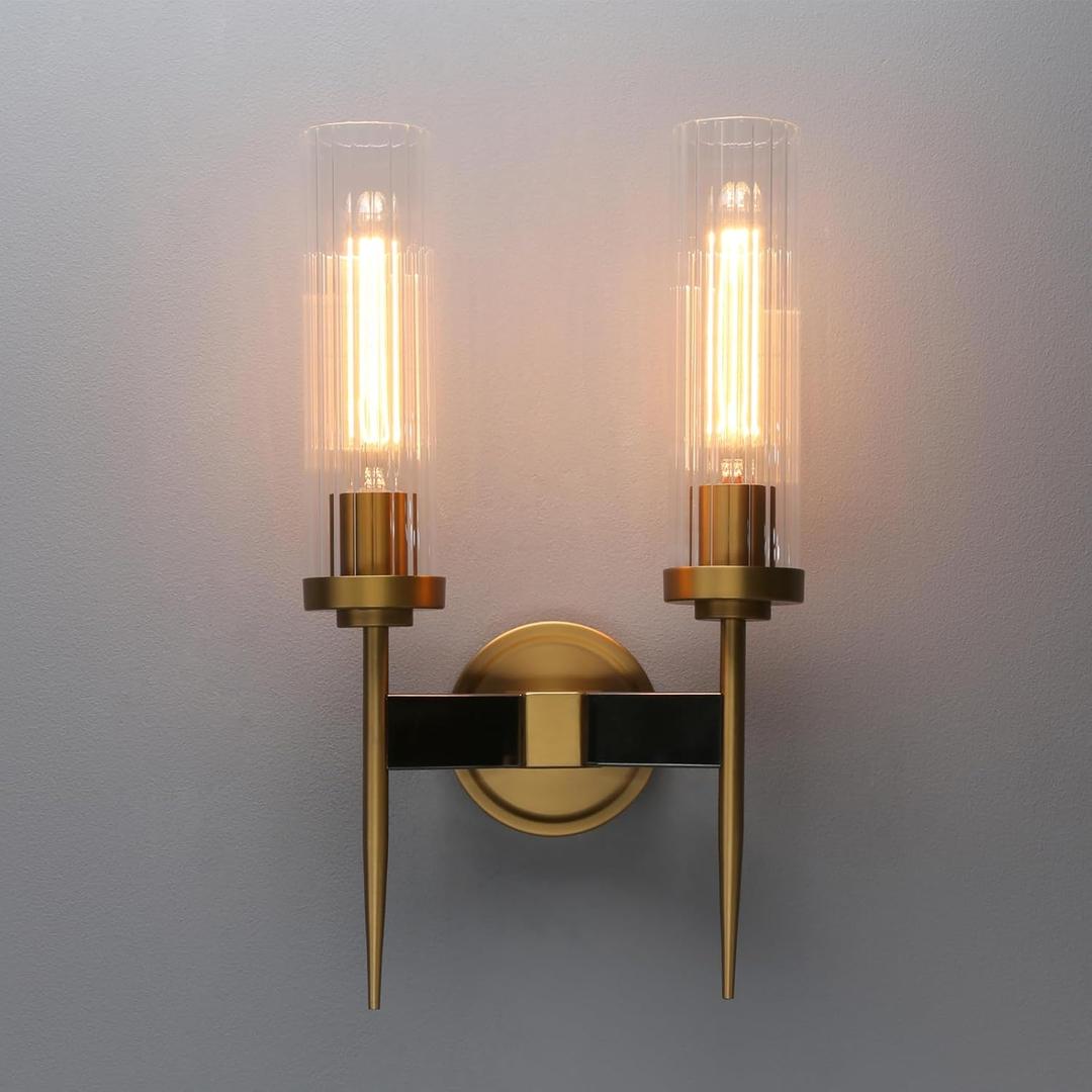 Phansthy Antique Bronze 2 Lights Sconce Bathroom Vanity Lights with Dual 2.8 Cycinder Glass Light Shade (Two-Light)