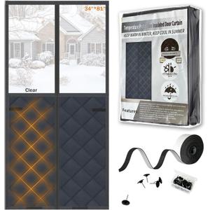 Magnetic Thermal Insulated Door Curtain Transparent Top Part 34''*81'', Thermal Door Cover Blanket for Winter ,Automatically Closes Entering Or Exiting (Gray, Fit Door Size 32''x80'')