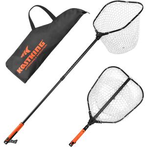 KastKing Brutus Folding Landing Net with Boat Hook, Foldable, Extendable, Lightweight & Strong, Multi-Functional Built-in Boat Hook, Non-Slip & Bright Orange TPR Handle, Two Nets Options