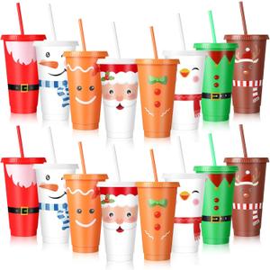 Christmas Plastic Cups with Lids and Straw Bulk 24 oz Xmas Disposable Tumblers Christmas Drinking Cups Santa Snowman Elk Thank You Gifts for Xmas Winter Coworkers Holiday Drinks (24 Pcs)