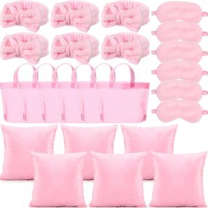 24 Pieces Spa Sleepover Party Supplies for Girls 6 Pink Spa Headband 6 Plush Sleep Eye Mask 6 Pink 18'' x 18'' Velvet Throw Pillow Covers 6 Tote Bags for Slumber Sleepover Party Favor Gift