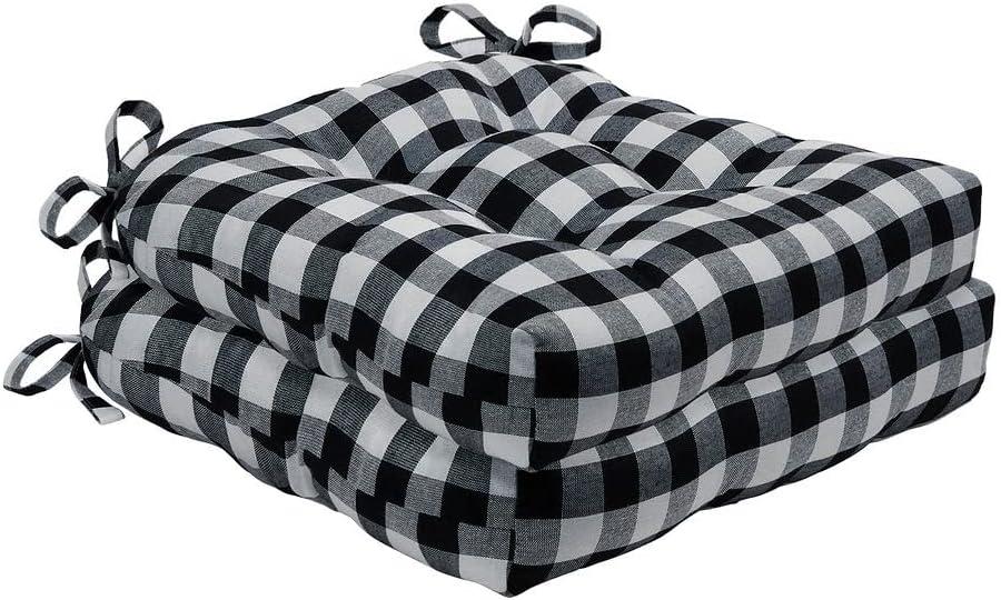 ACHIM Buffalo Check Tufted Chair Seat Cushions, 2-Pack, Black & White- 16" x 15" x 3" - Comfortable Seat Cover Pad with Stain Repellent Fabric & Ties to Indoor & Ourdoor Chair Styles Home Decor